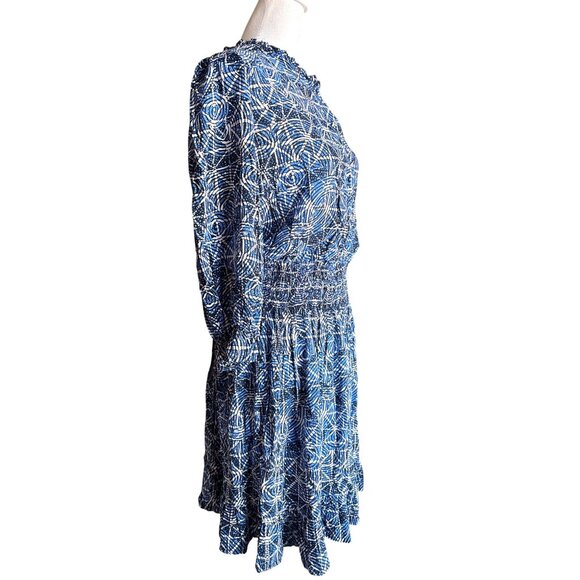 Maje‎ Dress Size 42 / Large Printed Viscose Smocking Ruffle Indigo Black $385 - Picture 6 of 13